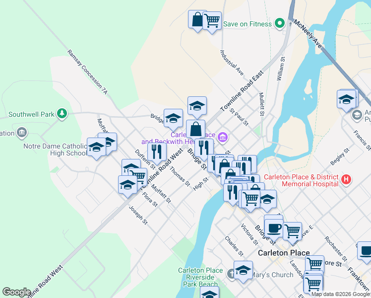 map of restaurants, bars, coffee shops, grocery stores, and more near 312 Bridge Street in Carleton Place