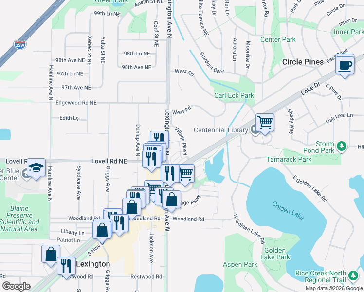map of restaurants, bars, coffee shops, grocery stores, and more near 628 Village Parkway in Circle Pines