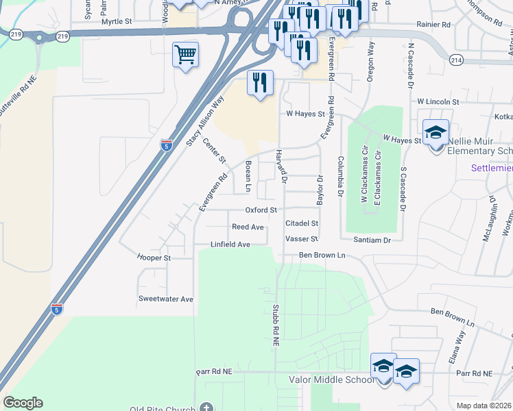 map of restaurants, bars, coffee shops, grocery stores, and more near 2985 Oxford Street in Woodburn