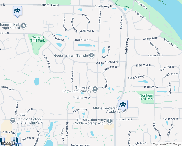 map of restaurants, bars, coffee shops, grocery stores, and more near 4711 104th Avenue North in Minneapolis