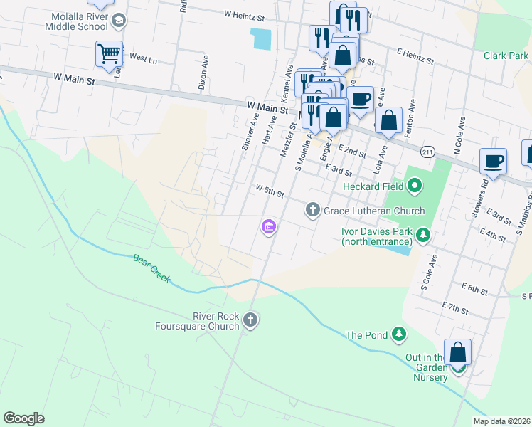 map of restaurants, bars, coffee shops, grocery stores, and more near 430 Metzler Street in Molalla
