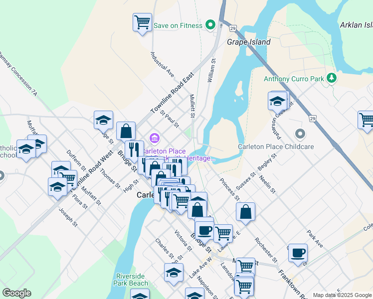 map of restaurants, bars, coffee shops, grocery stores, and more near 108 Bell Street in Carleton Place
