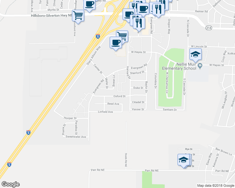 map of restaurants, bars, coffee shops, grocery stores, and more near 2985 Oxford Street in Woodburn