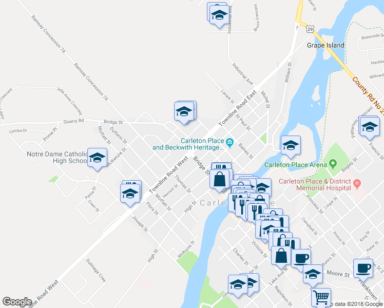 map of restaurants, bars, coffee shops, grocery stores, and more near in Carleton Place
