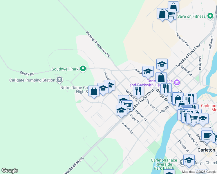 map of restaurants, bars, coffee shops, grocery stores, and more near 3 North Ridge Manor in Carleton Place