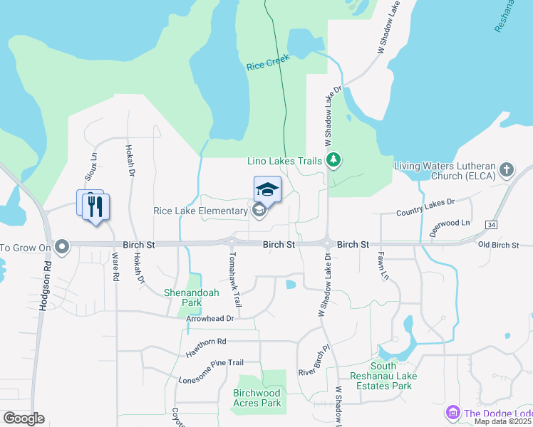 map of restaurants, bars, coffee shops, grocery stores, and more near 575 Birch Street in Circle Pines