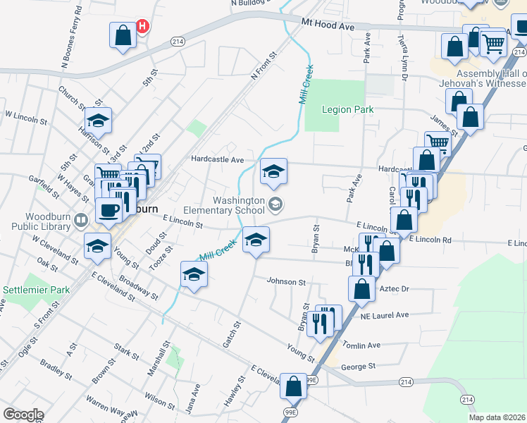 map of restaurants, bars, coffee shops, grocery stores, and more near 777a East Lincoln Street in Woodburn