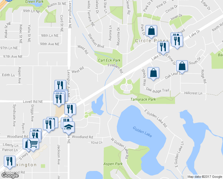 map of restaurants, bars, coffee shops, grocery stores, and more near 2A Golden Lake Road in Circle Pines