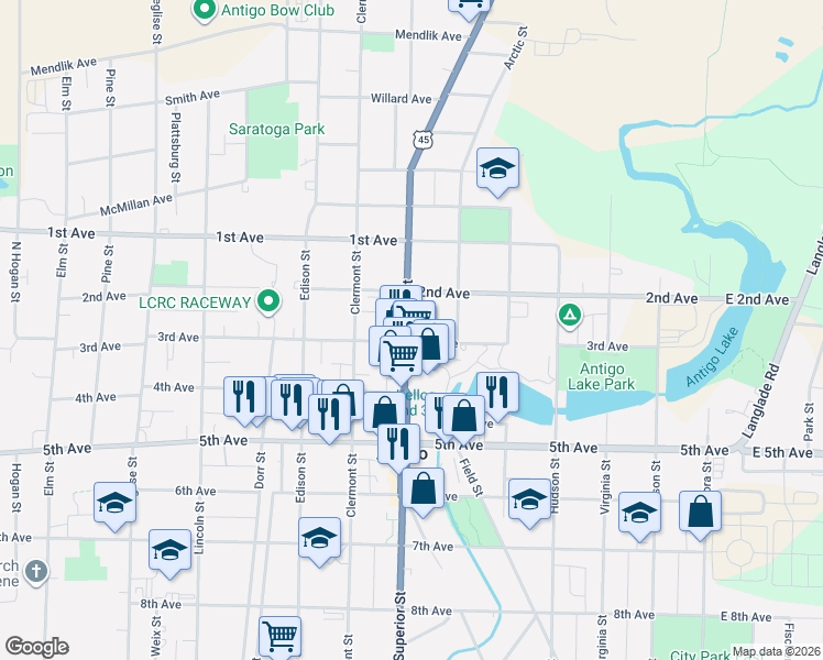 map of restaurants, bars, coffee shops, grocery stores, and more near 816 Superior Street in Antigo