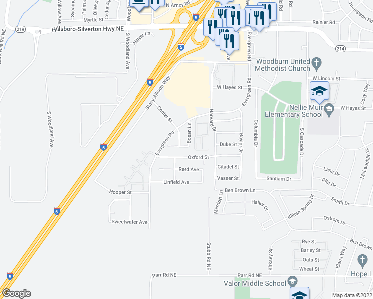 map of restaurants, bars, coffee shops, grocery stores, and more near 3050 Jonah Place in Woodburn