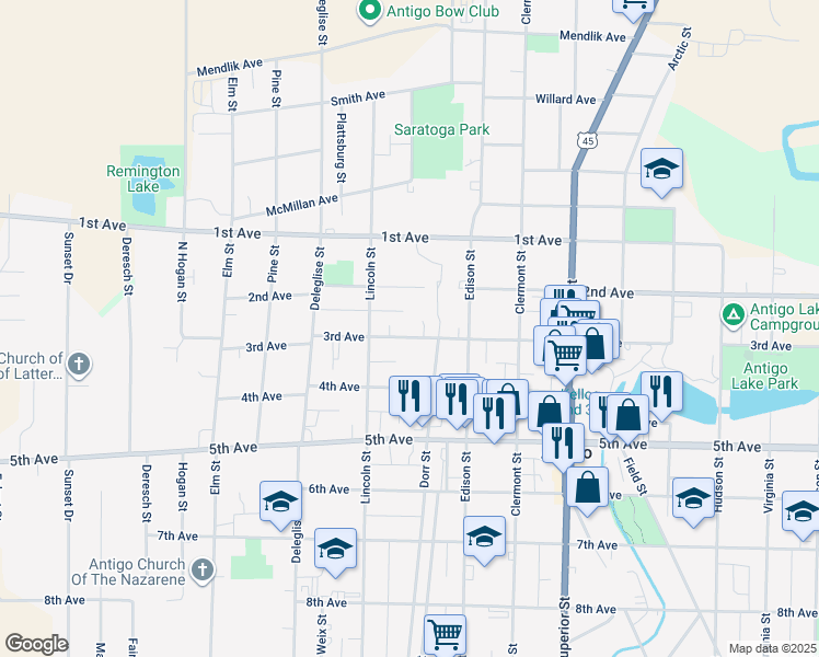 map of restaurants, bars, coffee shops, grocery stores, and more near 1050 3rd Avenue in Antigo