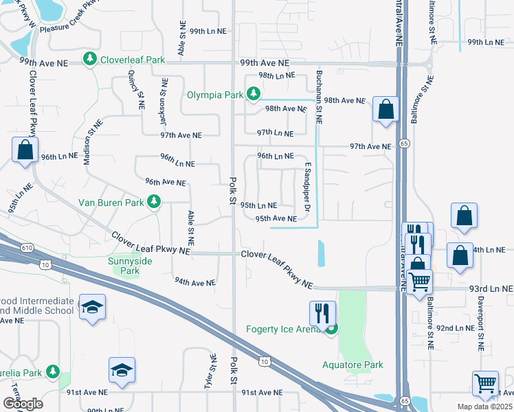 map of restaurants, bars, coffee shops, grocery stores, and more near 9500 Taylor Street Northeast in Blaine