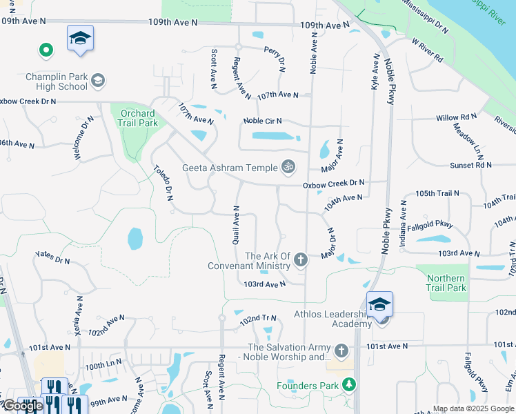 map of restaurants, bars, coffee shops, grocery stores, and more near 10407 Orchard Trail North in Minneapolis