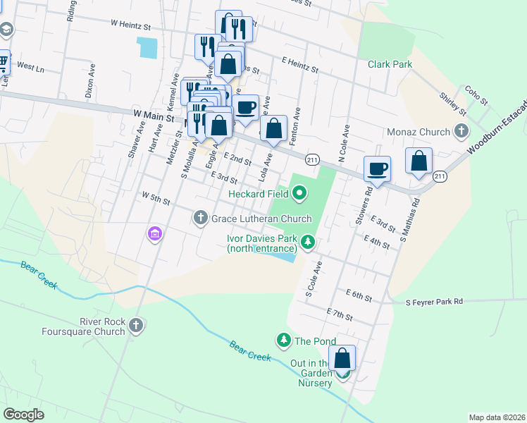 map of restaurants, bars, coffee shops, grocery stores, and more near 317 Lola Avenue in Molalla