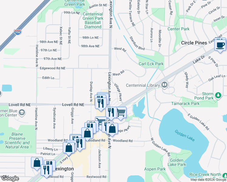 map of restaurants, bars, coffee shops, grocery stores, and more near 9480 Lexington Avenue Northeast in Circle Pines