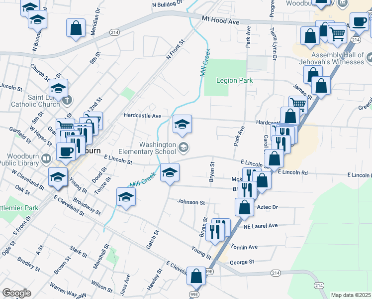 map of restaurants, bars, coffee shops, grocery stores, and more near 777 East Lincoln Street in Woodburn