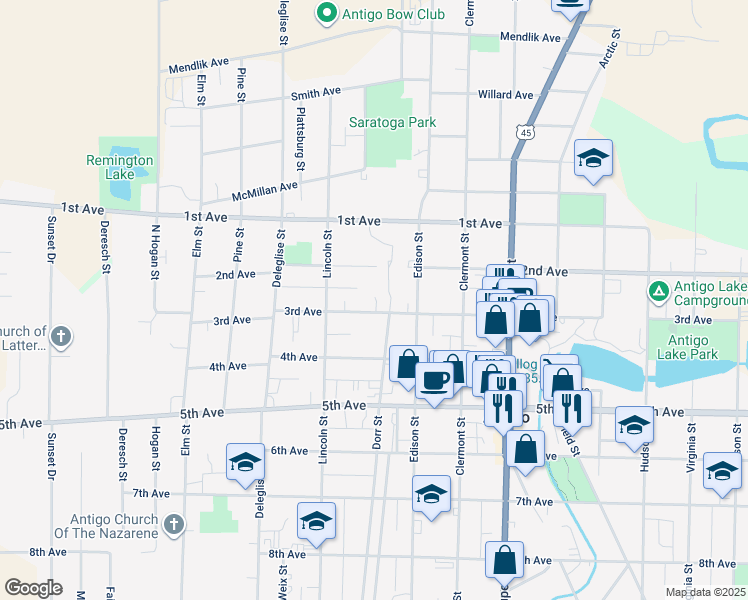 map of restaurants, bars, coffee shops, grocery stores, and more near 1050 3rd Avenue in Antigo
