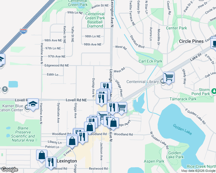 map of restaurants, bars, coffee shops, grocery stores, and more near 9480 Lexington Avenue Northeast in Circle Pines