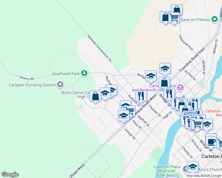 map of restaurants, bars, coffee shops, grocery stores, and more near 434 Moffatt Street in Carleton Place