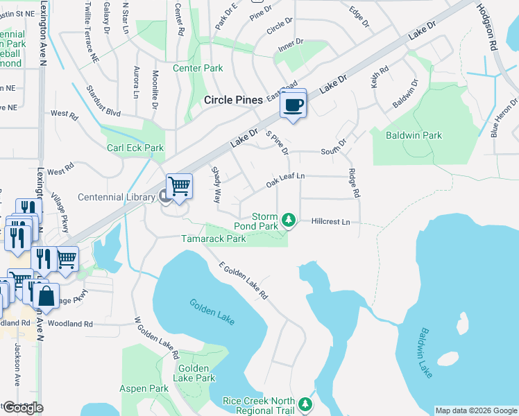 map of restaurants, bars, coffee shops, grocery stores, and more near 16 Oak Ridge Trail in Circle Pines