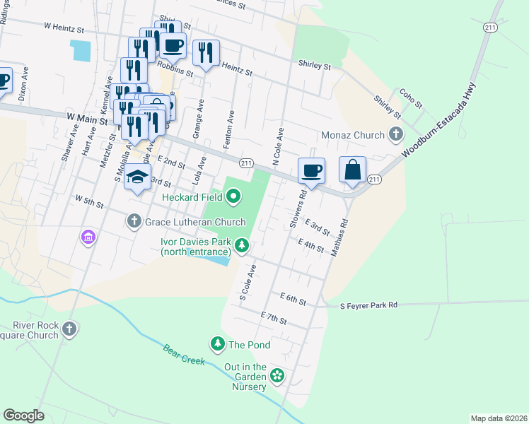 map of restaurants, bars, coffee shops, grocery stores, and more near 224 South Cole Avenue in Molalla