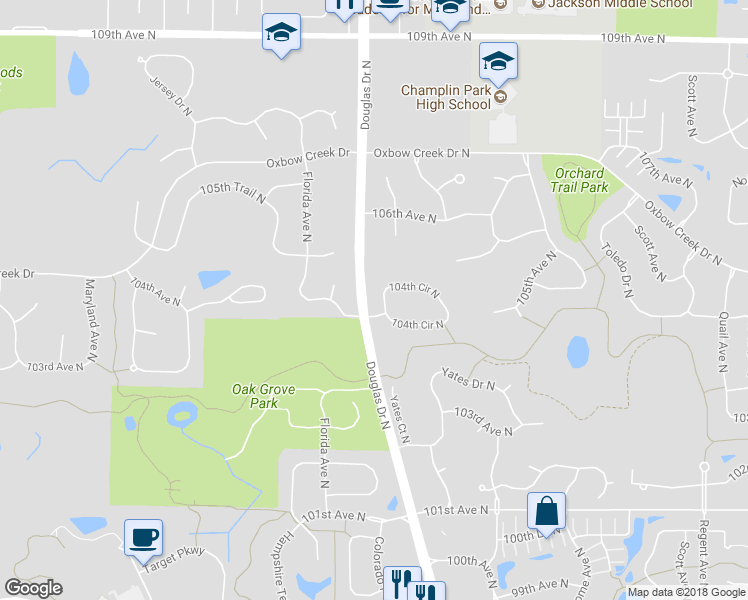 map of restaurants, bars, coffee shops, grocery stores, and more near 6107 104th Circle North in Minneapolis
