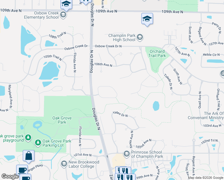 map of restaurants, bars, coffee shops, grocery stores, and more near 6179 104th Circle North in Minneapolis