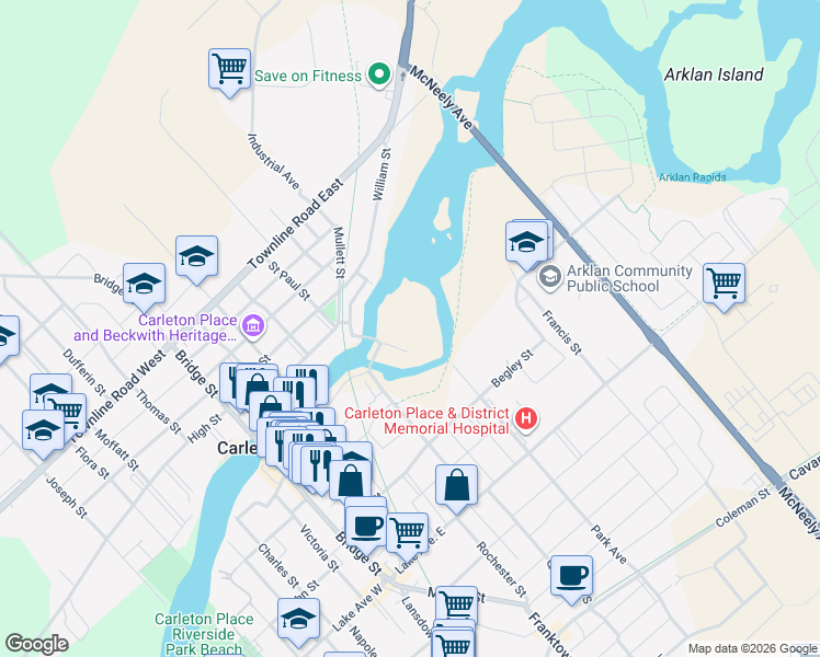 map of restaurants, bars, coffee shops, grocery stores, and more near in Carleton Place