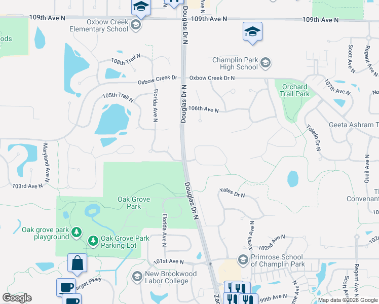 map of restaurants, bars, coffee shops, grocery stores, and more near 6107 104th Circle North in Minneapolis