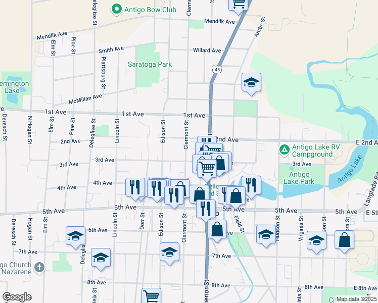 map of restaurants, bars, coffee shops, grocery stores, and more near 825 Clermont Street in Antigo