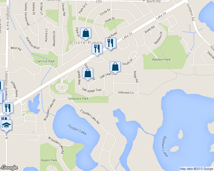 map of restaurants, bars, coffee shops, grocery stores, and more near 9 Oak Road in Circle Pines