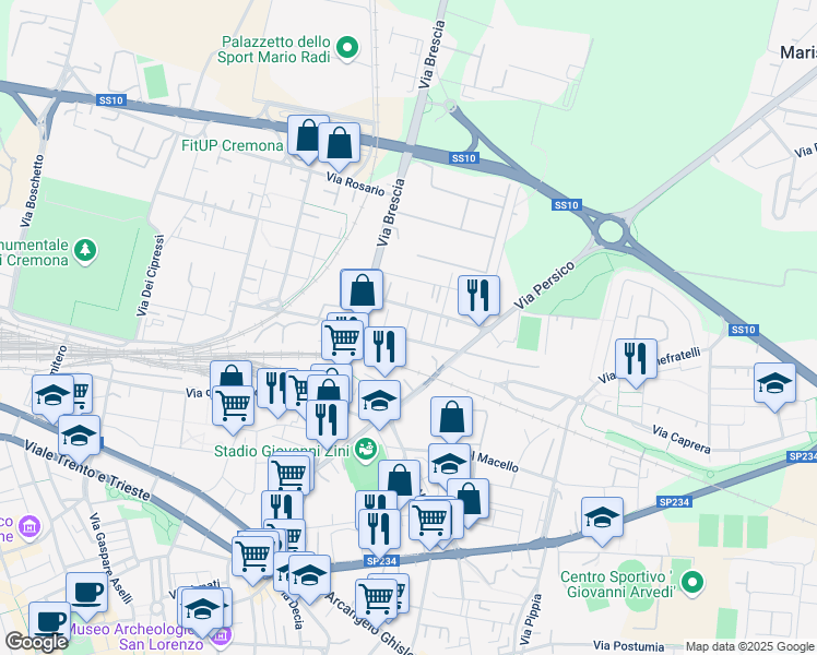 map of restaurants, bars, coffee shops, grocery stores, and more near 5 Via Filippo Turati in Cremona