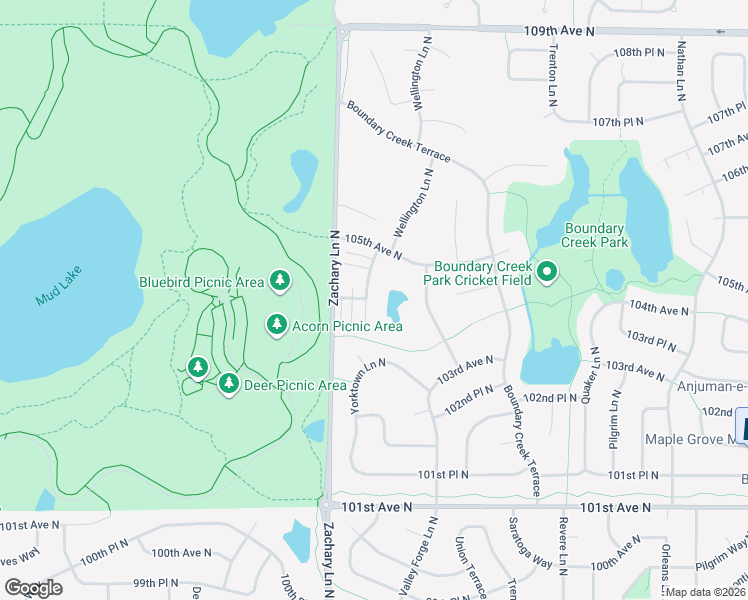 map of restaurants, bars, coffee shops, grocery stores, and more near 10402 Yorktown Lane North in Maple Grove