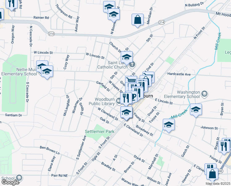 map of restaurants, bars, coffee shops, grocery stores, and more near 319 North 3rd Street in Woodburn