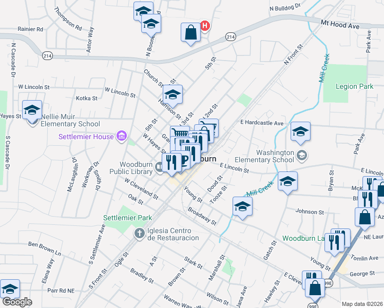 map of restaurants, bars, coffee shops, grocery stores, and more near 550 North 1st Street in Woodburn