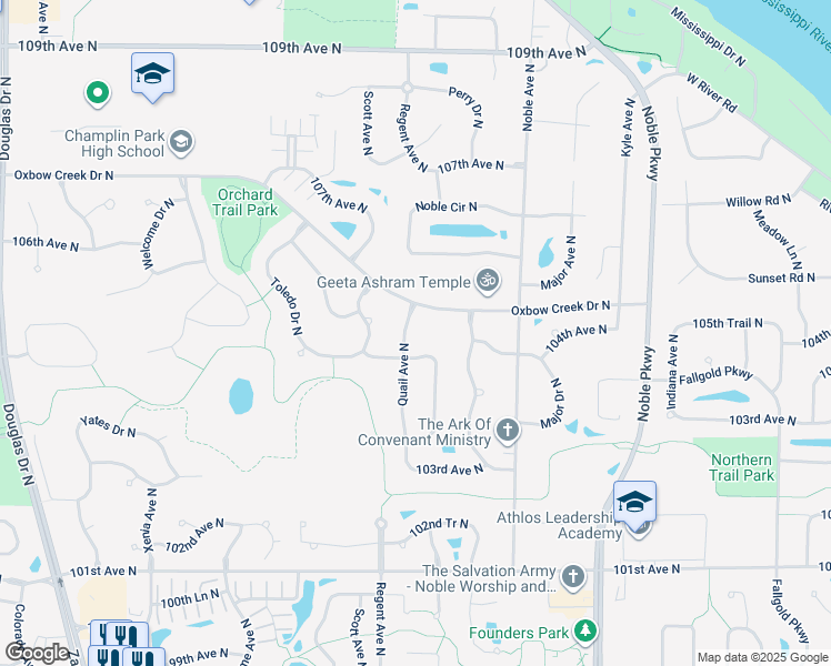 map of restaurants, bars, coffee shops, grocery stores, and more near 10414 Quail Avenue North in Minneapolis