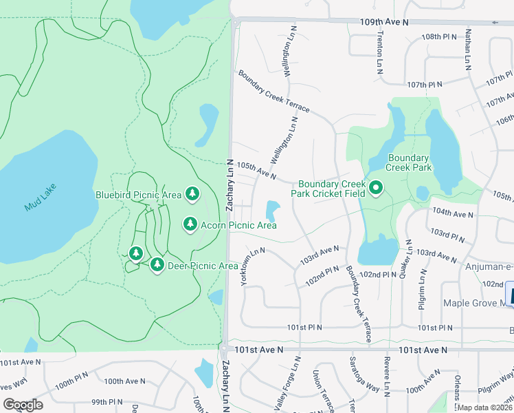 map of restaurants, bars, coffee shops, grocery stores, and more near 10402 Yorktown Lane North in Maple Grove