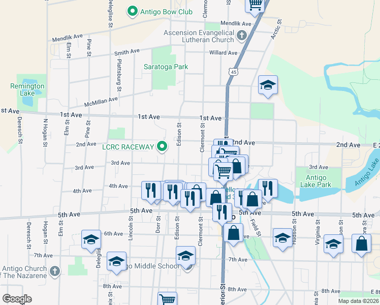 map of restaurants, bars, coffee shops, grocery stores, and more near 800 Clermont Street in Antigo