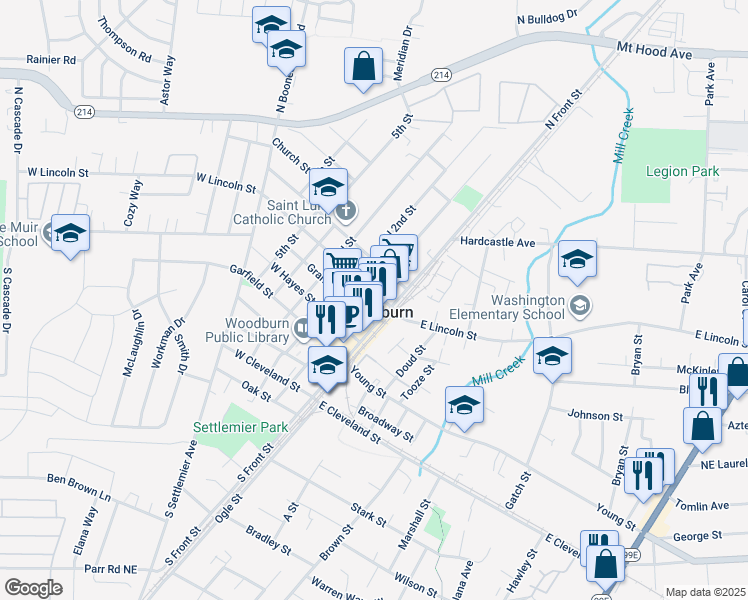 map of restaurants, bars, coffee shops, grocery stores, and more near 550 North 1st Street in Woodburn