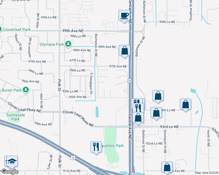 map of restaurants, bars, coffee shops, grocery stores, and more near 9536 Johnson Street Northeast in Blaine