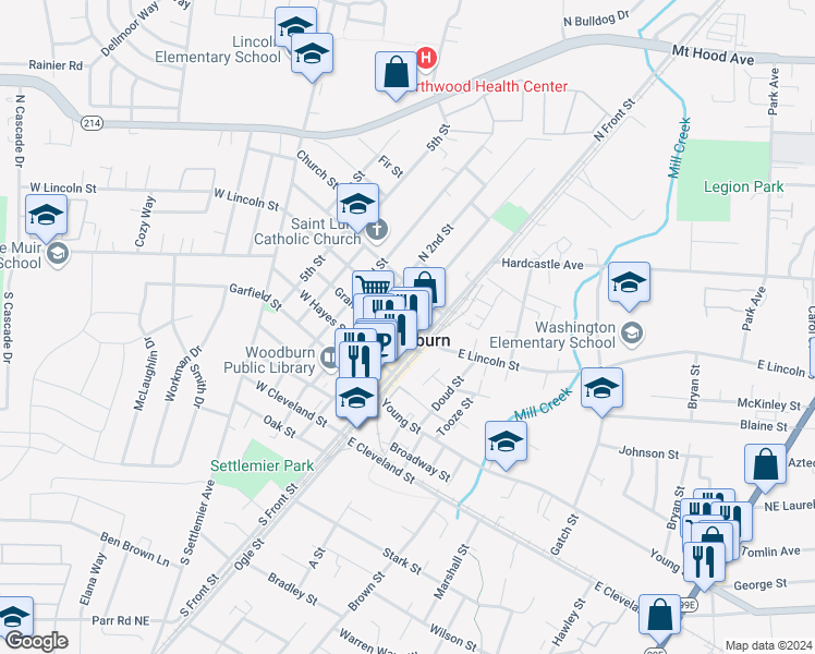 map of restaurants, bars, coffee shops, grocery stores, and more near in Woodburn