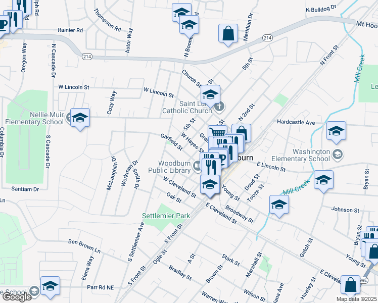 map of restaurants, bars, coffee shops, grocery stores, and more near 319 North 3rd Street in Woodburn