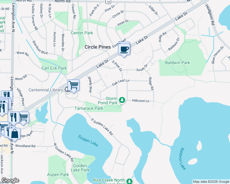 map of restaurants, bars, coffee shops, grocery stores, and more near 9 Oak Road in Circle Pines