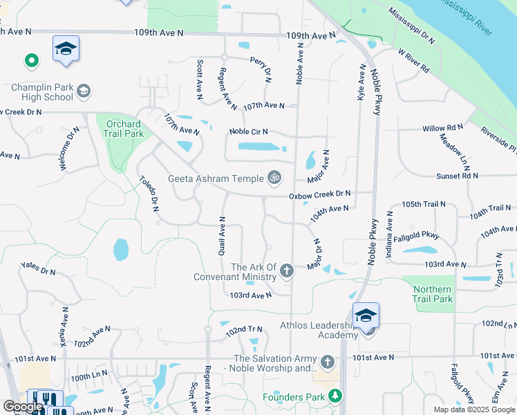 map of restaurants, bars, coffee shops, grocery stores, and more near 10407 Orchard Trail North in Minneapolis