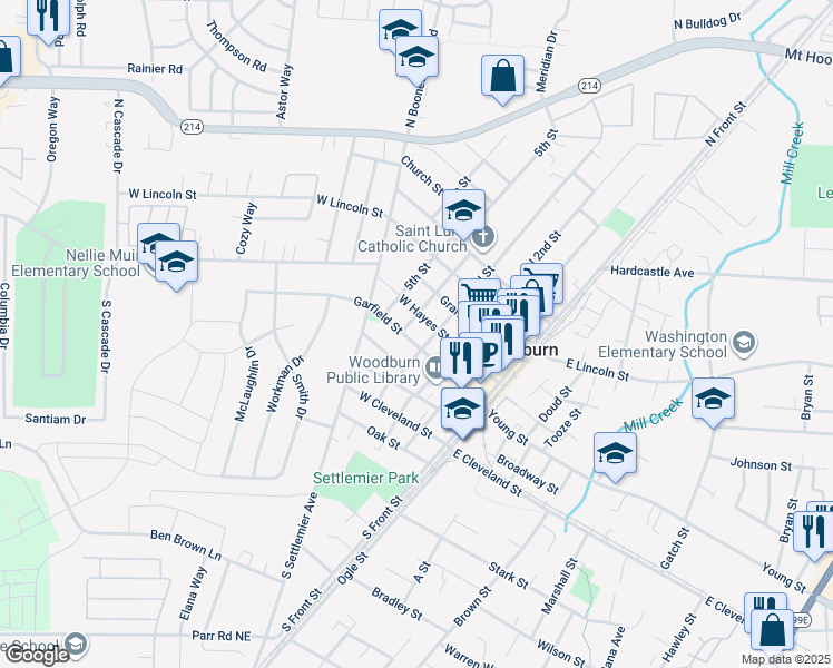map of restaurants, bars, coffee shops, grocery stores, and more near 319 North 3rd Street in Woodburn