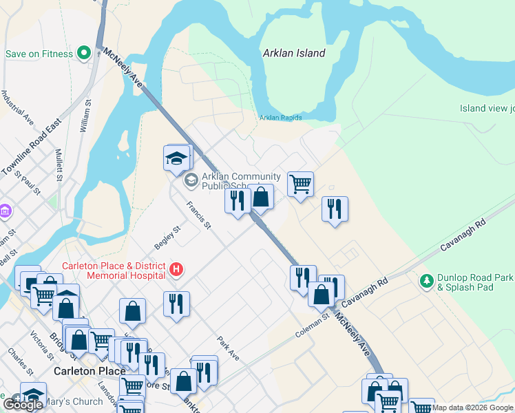 map of restaurants, bars, coffee shops, grocery stores, and more near 40 Crampton Drive in Carleton Place