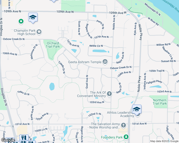 map of restaurants, bars, coffee shops, grocery stores, and more near 10414 Quail Avenue North in Minneapolis