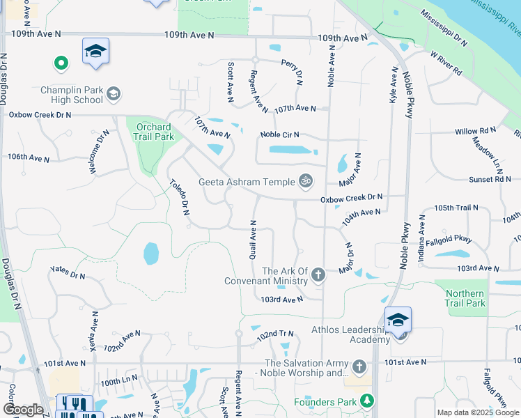 map of restaurants, bars, coffee shops, grocery stores, and more near 10414 Quail Avenue North in Minneapolis