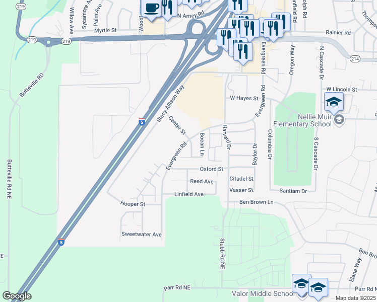map of restaurants, bars, coffee shops, grocery stores, and more near 281 Skyler Drive in Woodburn