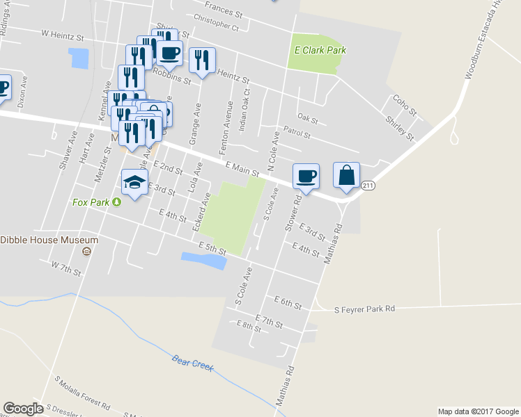 map of restaurants, bars, coffee shops, grocery stores, and more near 224 South Cole Avenue in Molalla